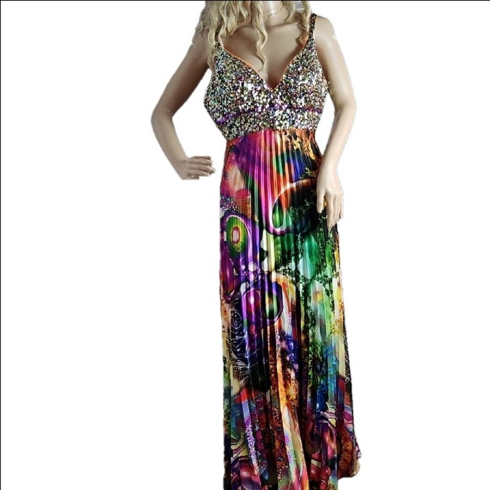 Cinderella Size 10 Iridescent Sequin Bodice Psychedelic Pleated Maxi Gown
